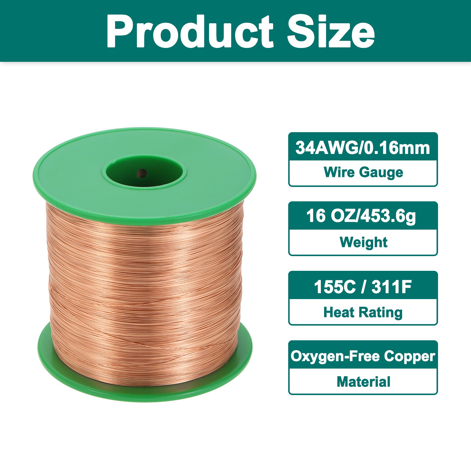 34 AWG Magnet Wire, 34 Gauge 16 oz Enameled Copper Wire, 155C(311F) Copper Color
