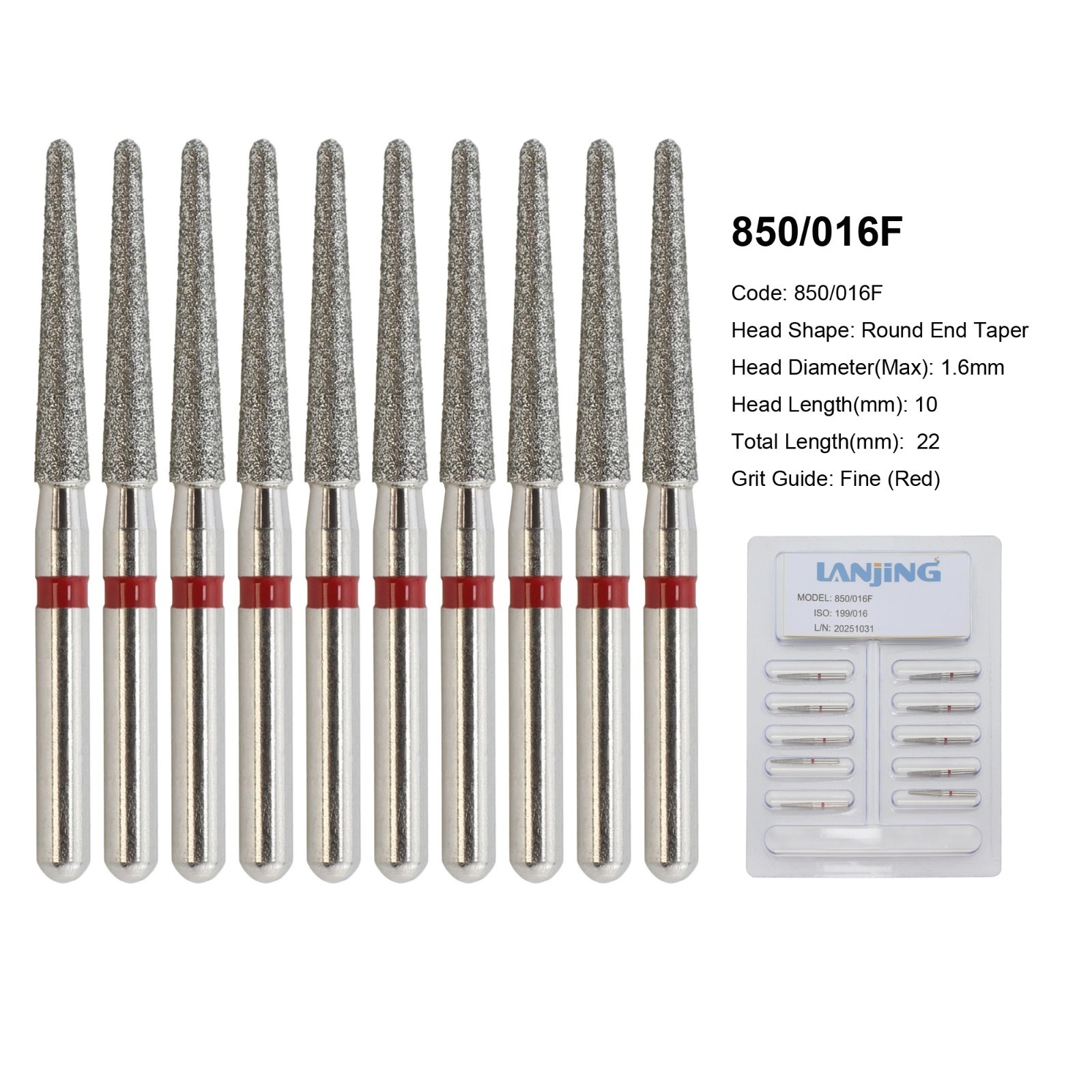 Dental Diamond Bur 850/016F Round End Taper Bur Fine Grit Red High Speed FG