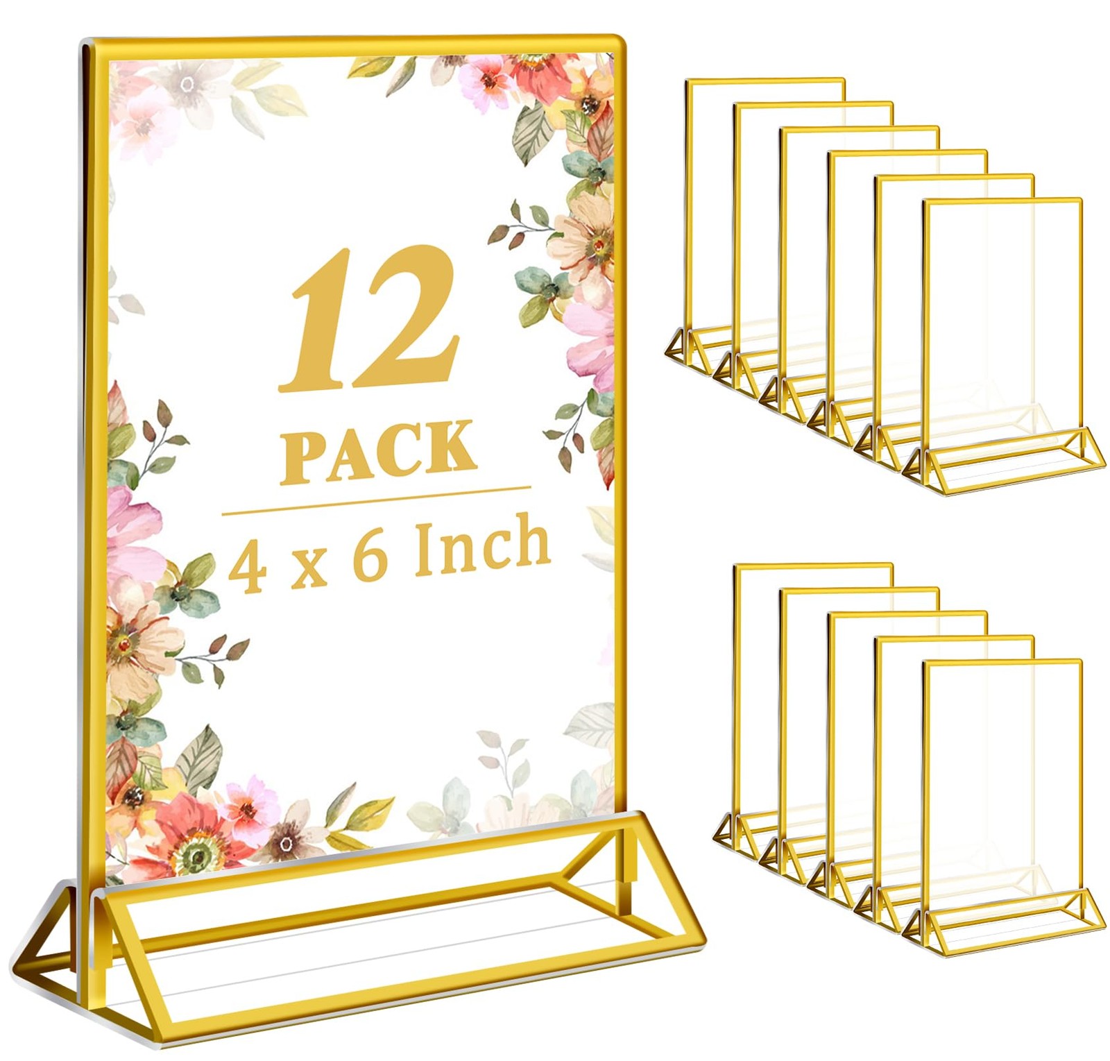 Jeffbaubl 12 Pcs Gold Acrylic Sign Holder, 4×6 Gold Frame Plastic Display, Clear