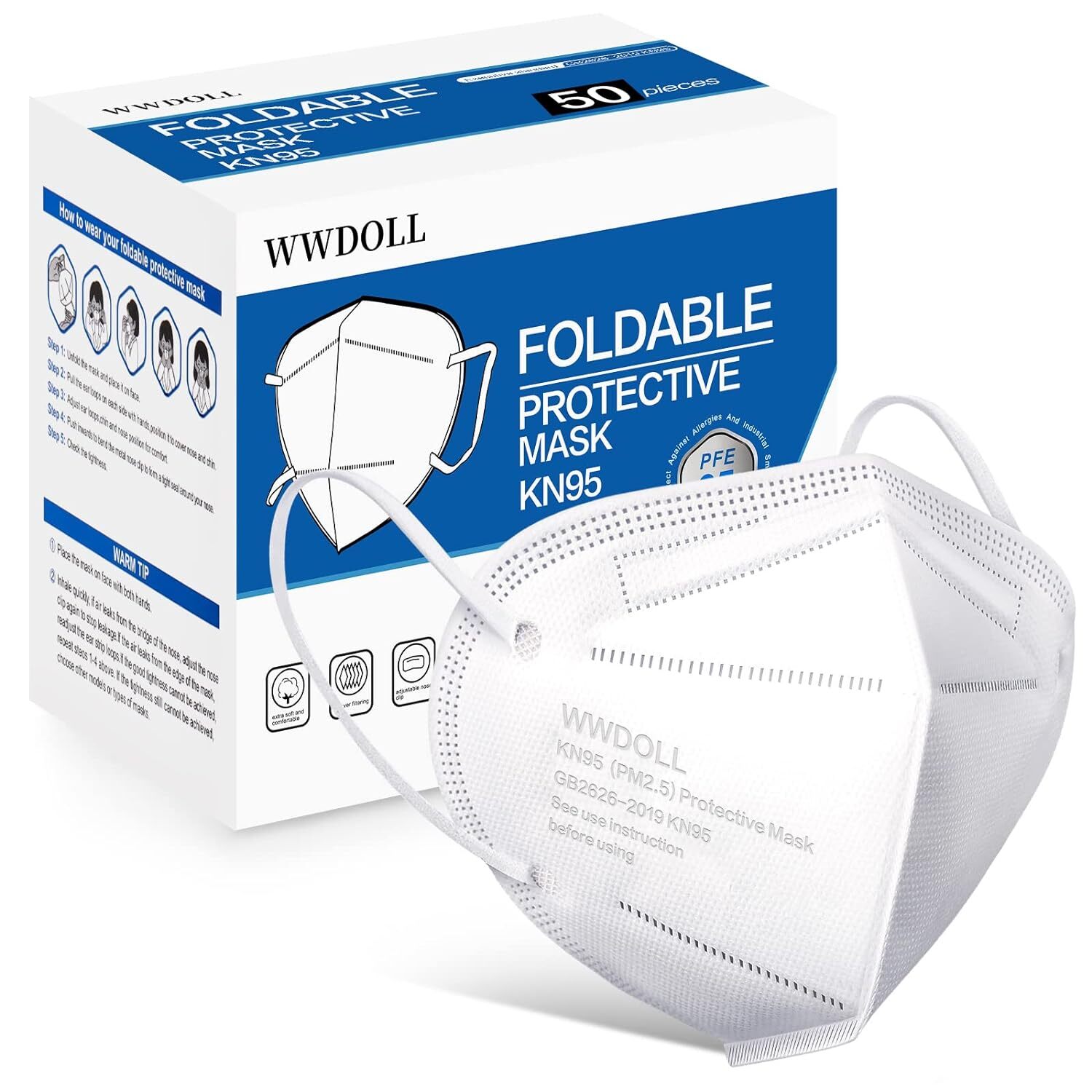 White KN95 Disposable Face Mask Protective 4 Layer Earloop Filters 95% PFE & BFE