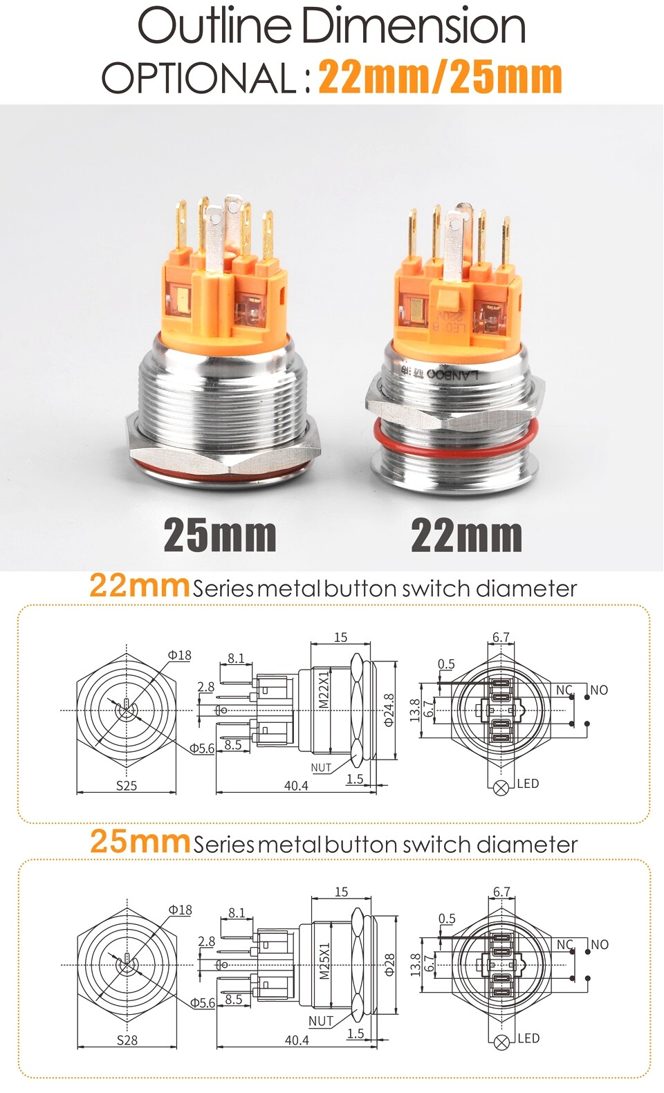 25mm Metal Button Switch buzzer bus power bell push button switch with ring Led