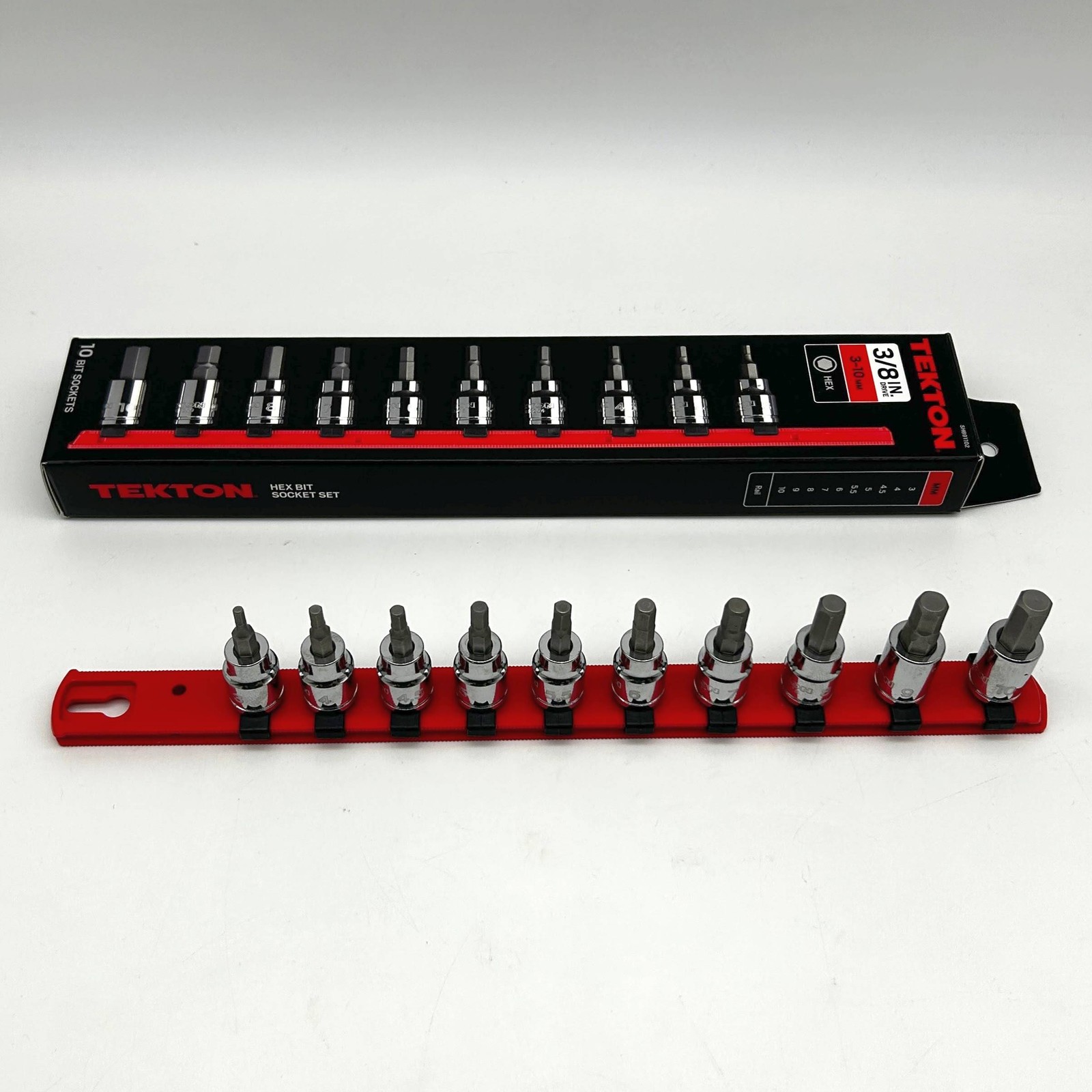 Tekton SHB91102-S Socket Set 3/8inch Drive Hex Bit 10-PC 3-10mm Metric w/ Rail