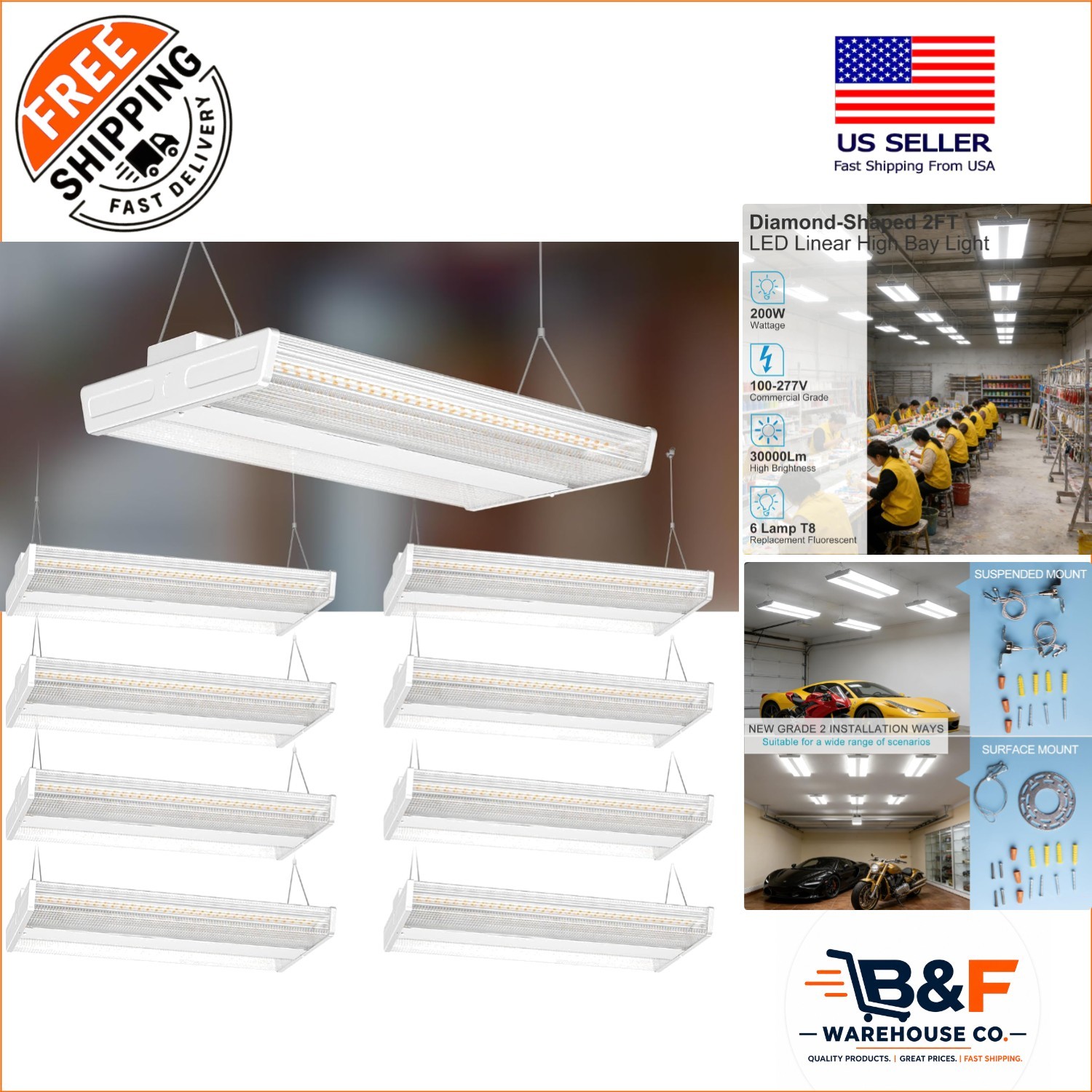 Energy-Saving 28000LM LED High Bay Lights, 8-Pack for Commercial Applications