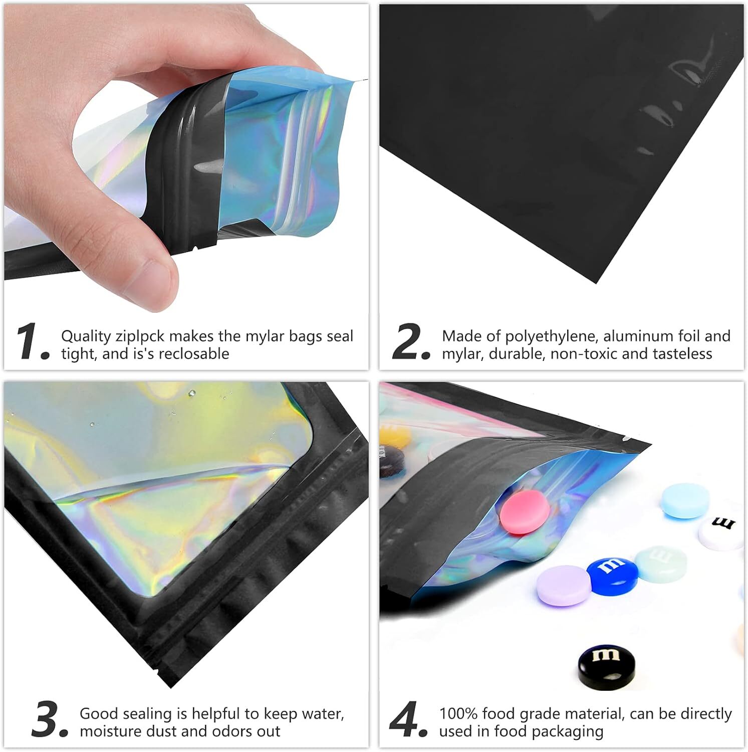 100/200Pcs Holographic Mylar Foil Bags Smell Proof Resealable Zip Seal Pouches