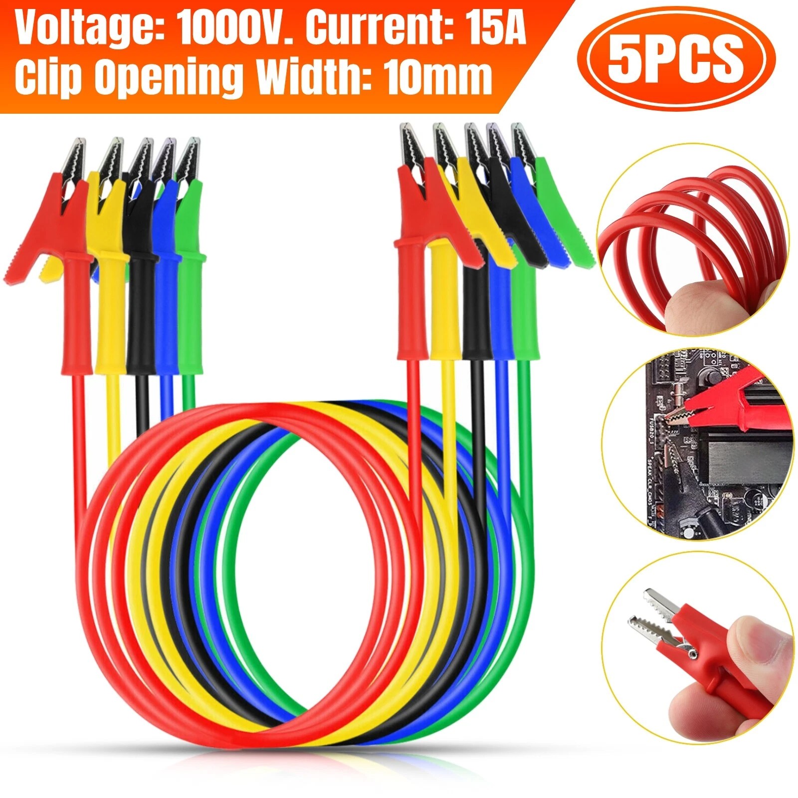 5Pcs 30V 15A Alligator Clips Electrical Test Leads Set 3.3ft Jumper Wires Cables