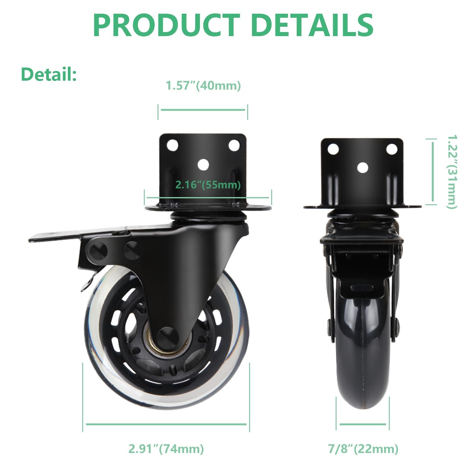 Side Mount Caster Wheels 3 Inch L Shaped Plate Swivel Casters with 2 Brakes Heav