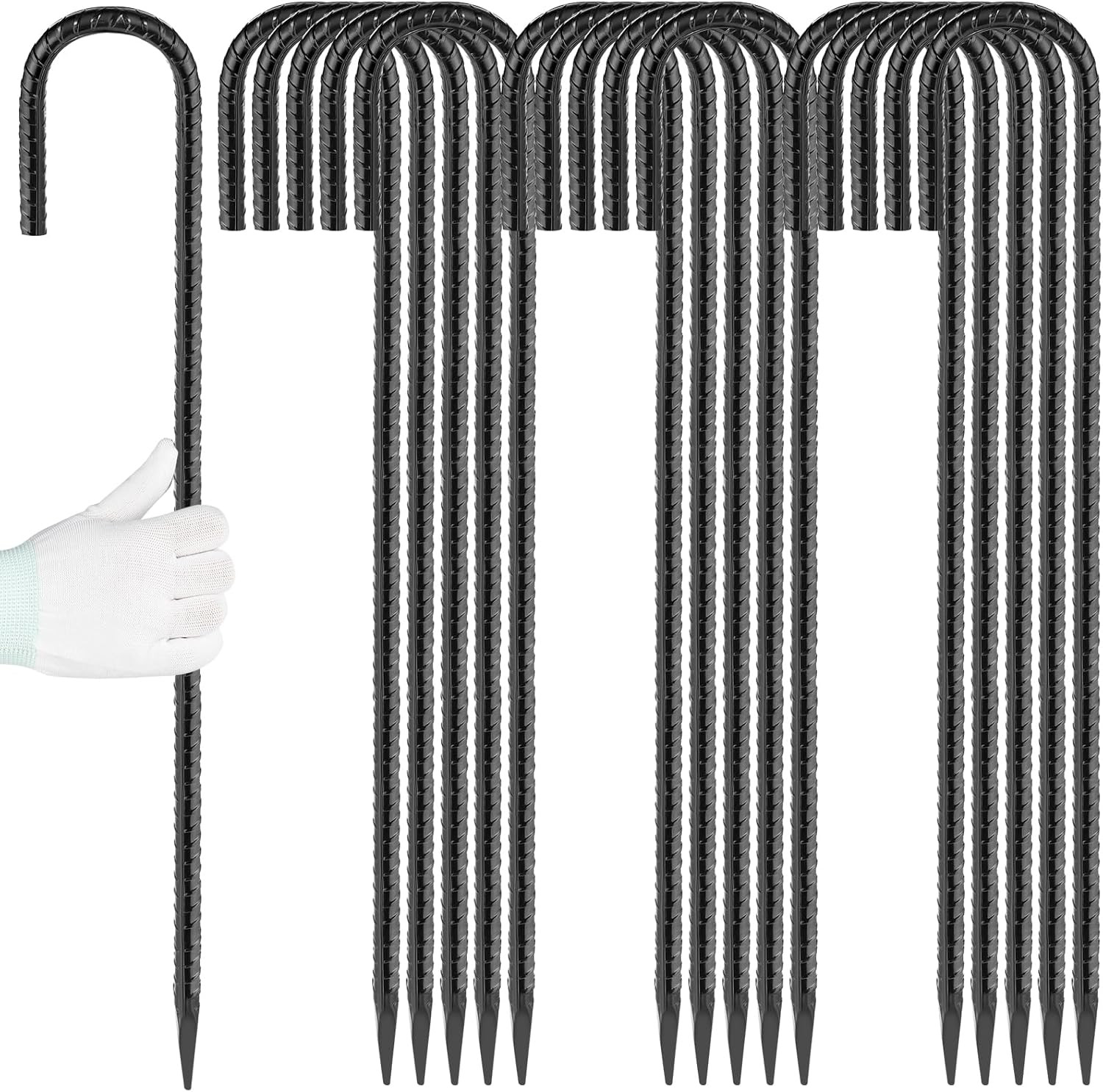 24 Inches J Hook Rebar Stakes (16-Pack), Extra Long Garden Stakes with Chisel Po