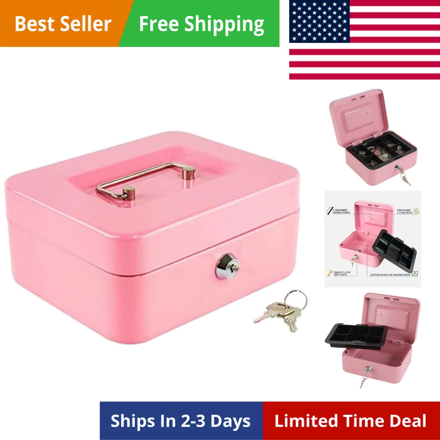 Locking Steel Medium Cash Box with Removable Coin Tray and Key Lock,7.87″x 6….