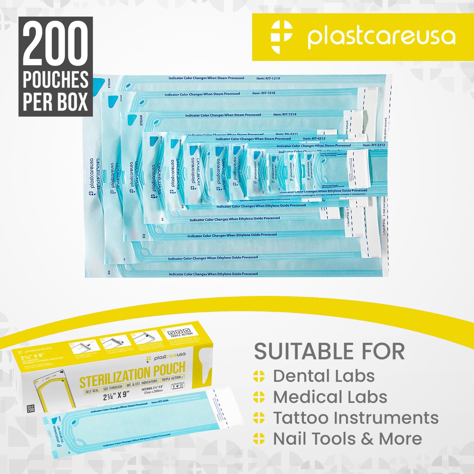 2,000 2.25″ x 8″ Self-Sealing Sterilization Pouches for Autoclave (10 Boxes)
