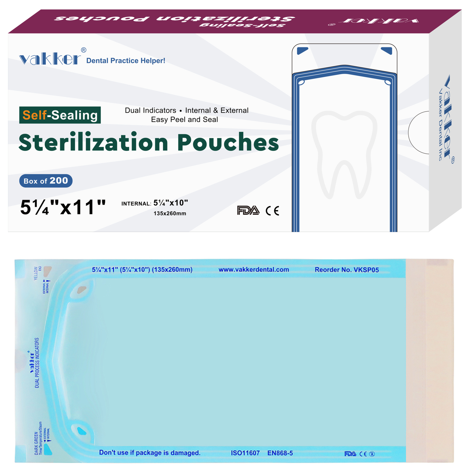 Vakker 200pcs 5.25″ x 11″ Self Sealing Sterilization Pouches Autoclave Bag
