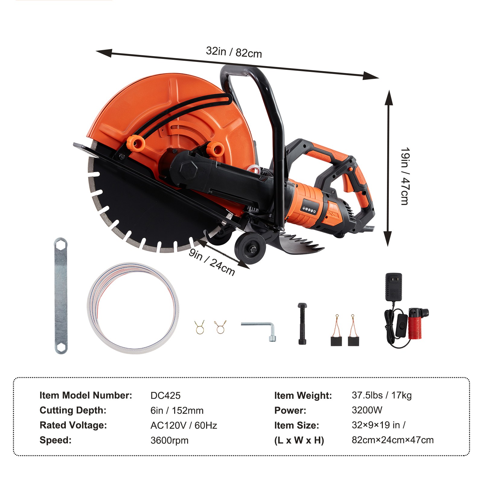 Uimoso 16” Electric Concrete Cutter with Water Pump and Blade for Wet/Dry Use