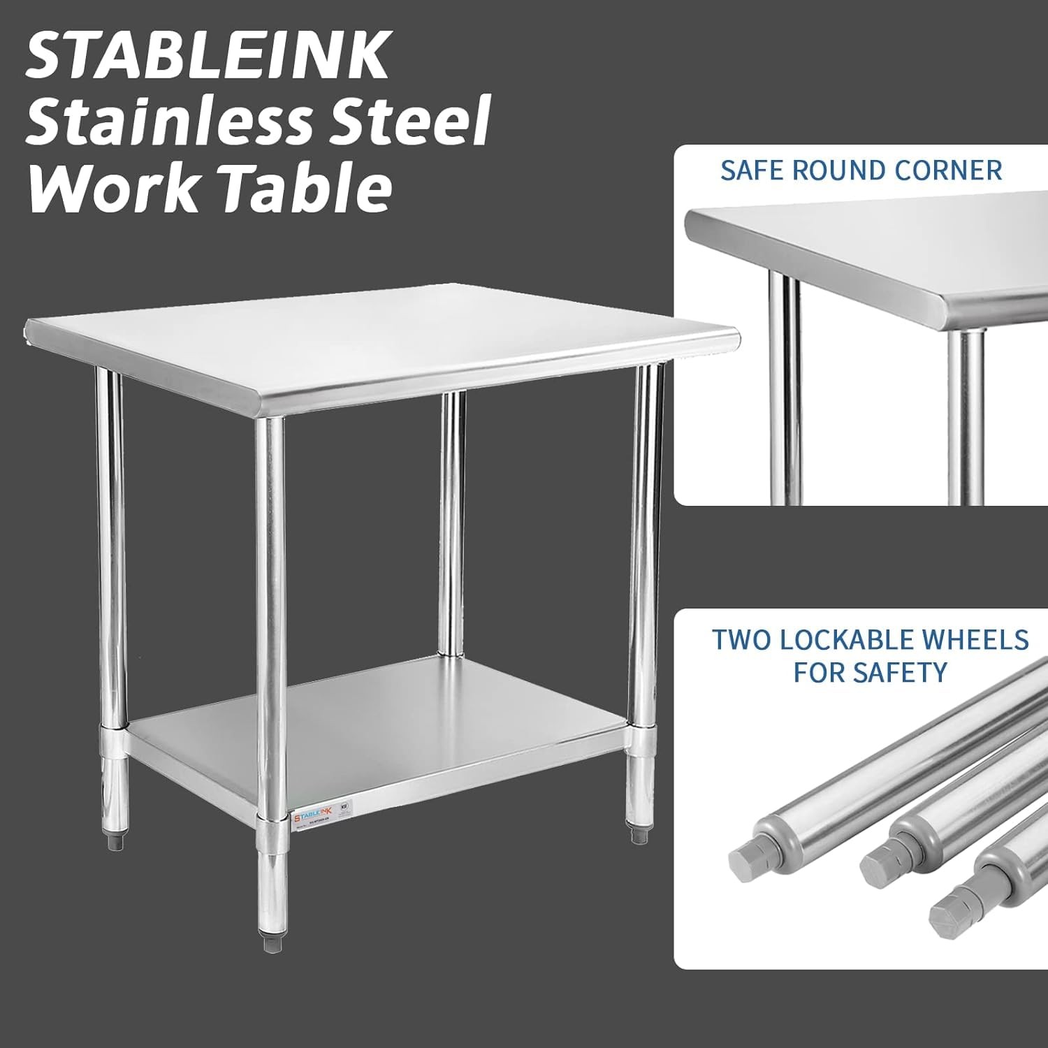 STABLEINK NSF Stainless Steel Prep Table 48×24 Inches 4ft, Metal Work Table with