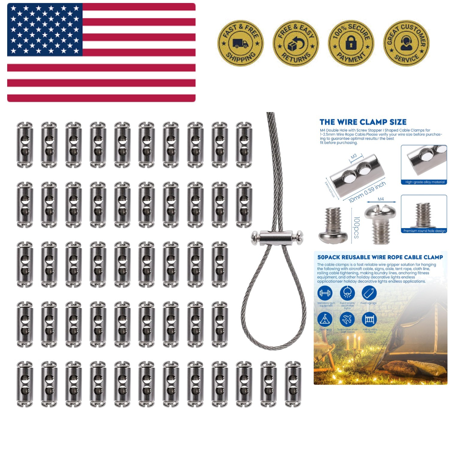 50 Pcs Wire Rope Cable Clip Clamp, M4 Double Hole Wire Rope Lock Clip with En…