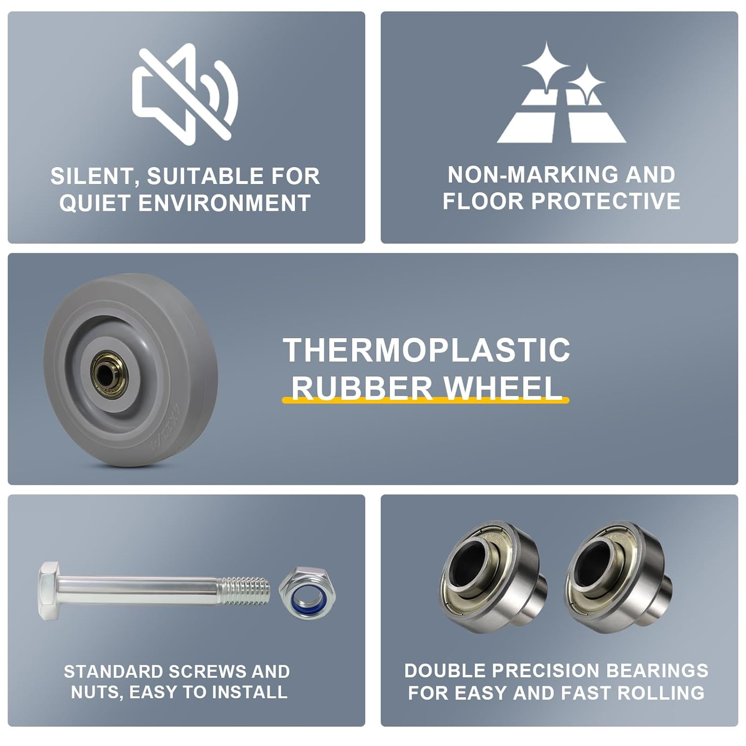 4 Inch Thermoplastic Rubber Caster Wheels (Set of 4) – Heavy Duty, Precision Bea
