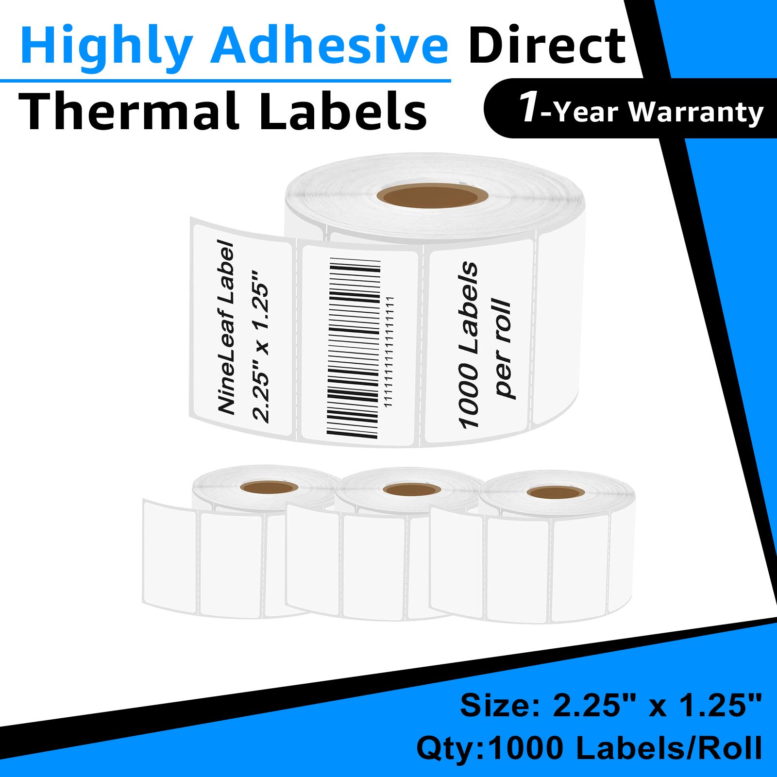 4 Rolls Fit Zebra & Rollo Printers 2.25″x 1.25″ Direct Thermal Labels 1000/Roll