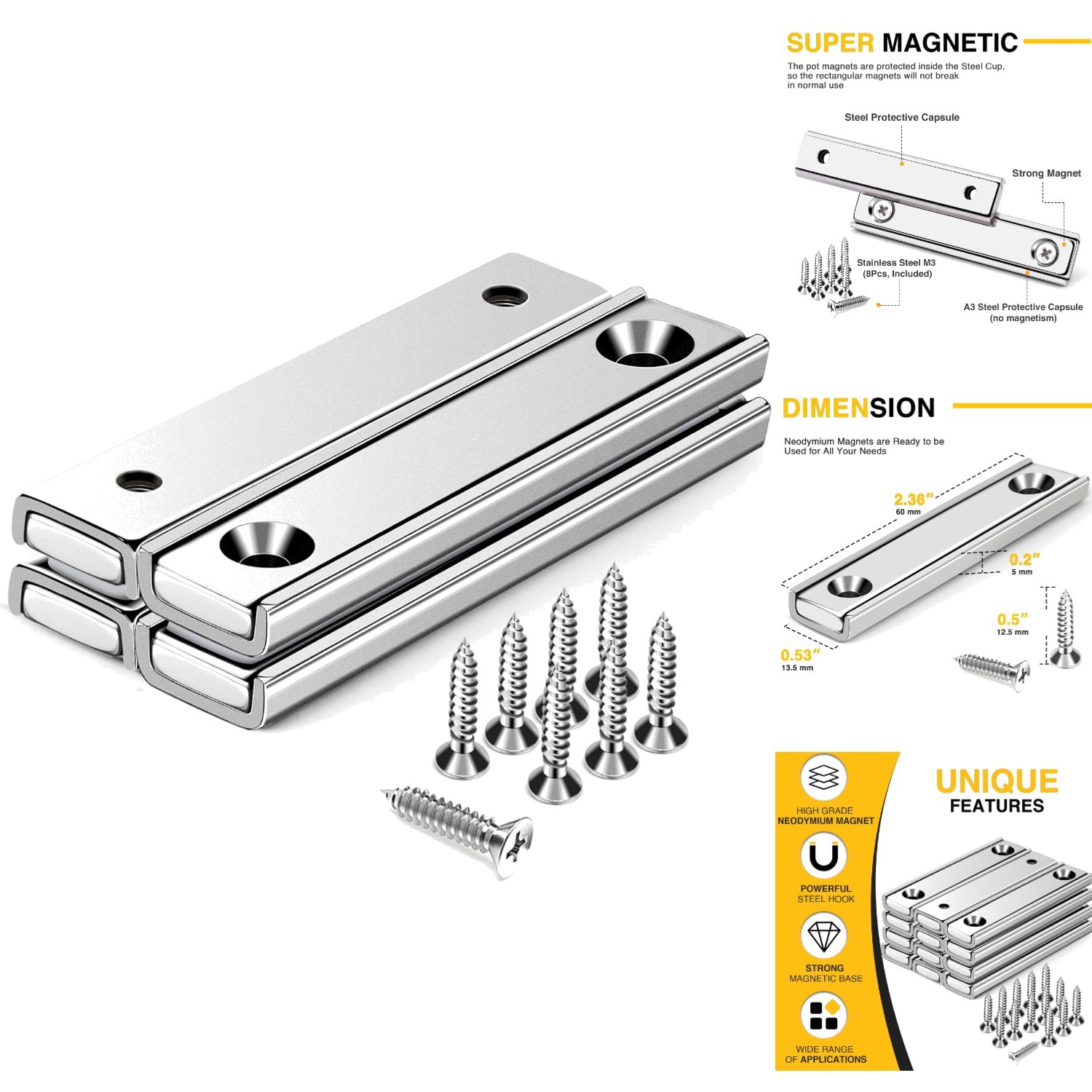 4-Pack Strong Neodymium Rectangular Magnets 80lb Pulling Force With Screws 2.36″