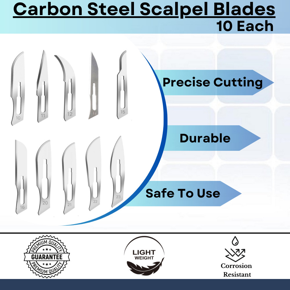 Carbon Steel Scalpel Blades 100 Pcs + Stainless Steel Handle Knives #3 & #4