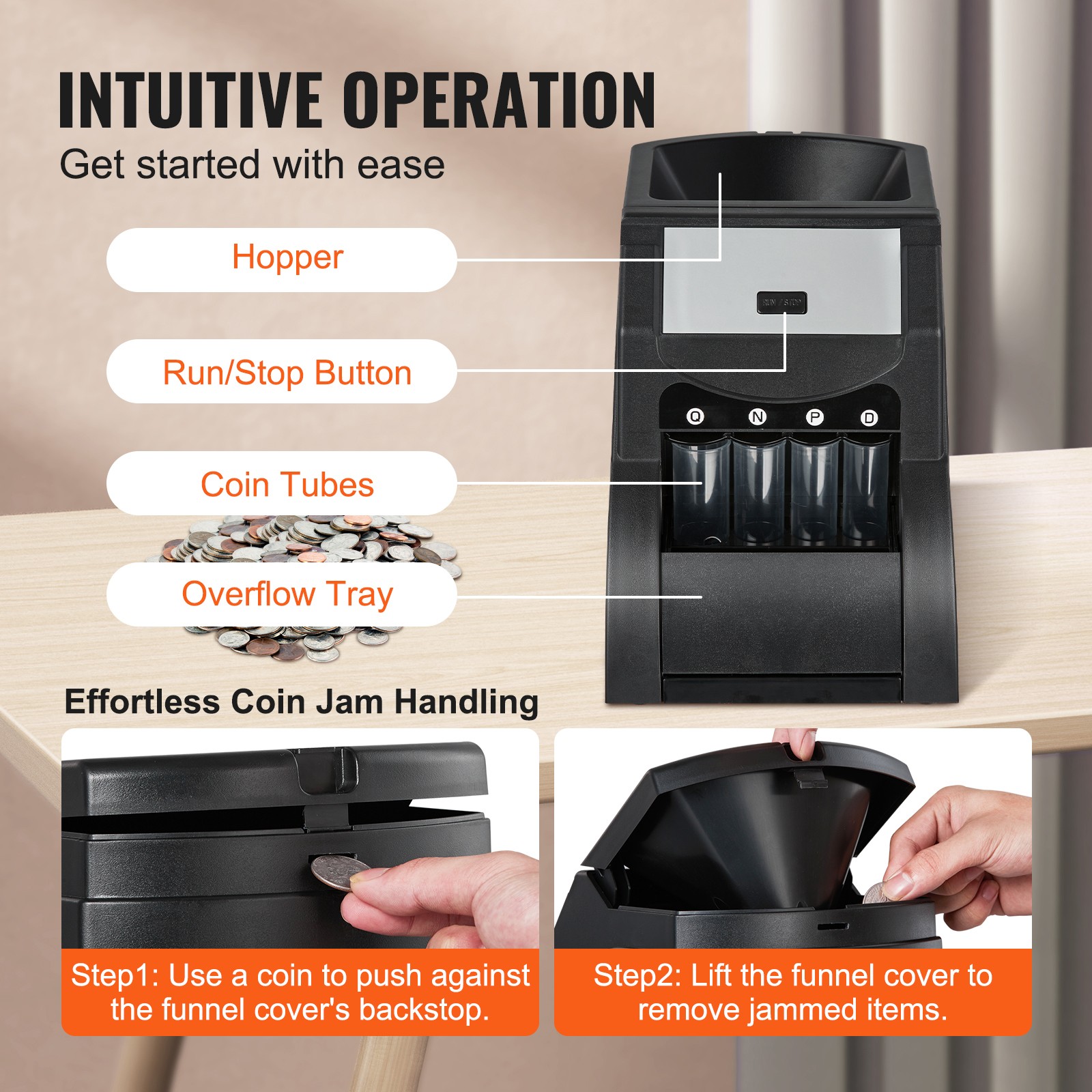 VEVOR USD Coin Sorter Coin Counter Wrapper and Roller 230 Coins/min 4 Coin Tubes