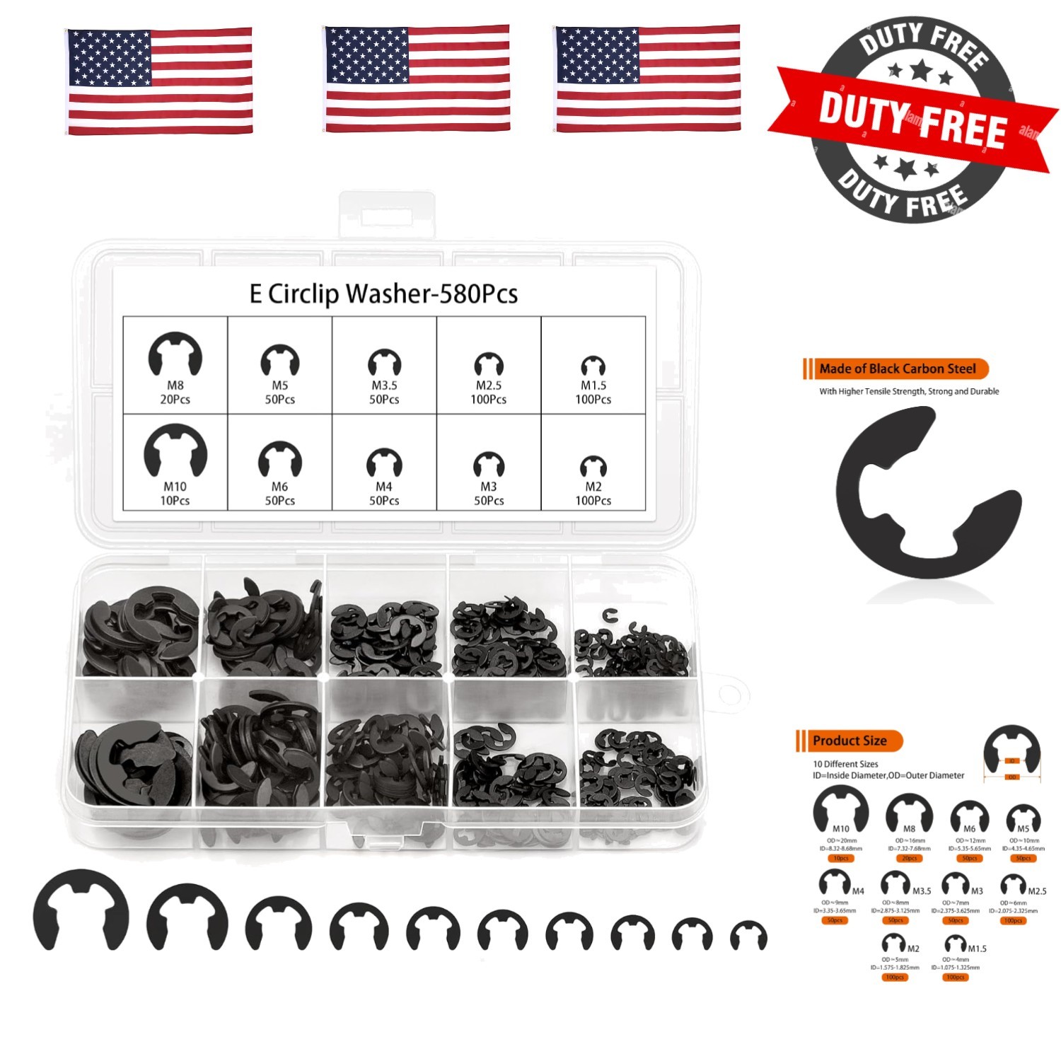 580PCS Black Alloy Steel E-Clip Assortment Kit, E-Clip Assortment Set Include…