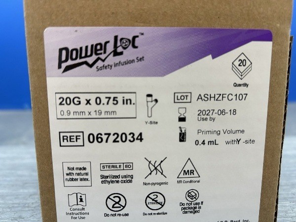 BOX OF 20 BARD POWERLOC SAFETY INFUSION 0.75″ REF 0672034 – NO Y-SITE – EXP 2027