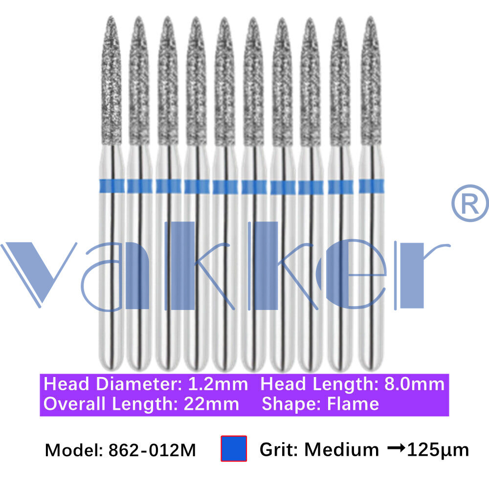 10/Pk Vakker Dental FG Flame Diamond Burs 862-012M Medium Grit Friction Grip