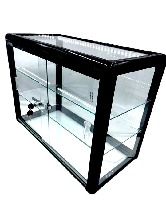 Elegant Black Aluminum Display Table Top Tempered Glass Showcase with LED Lights