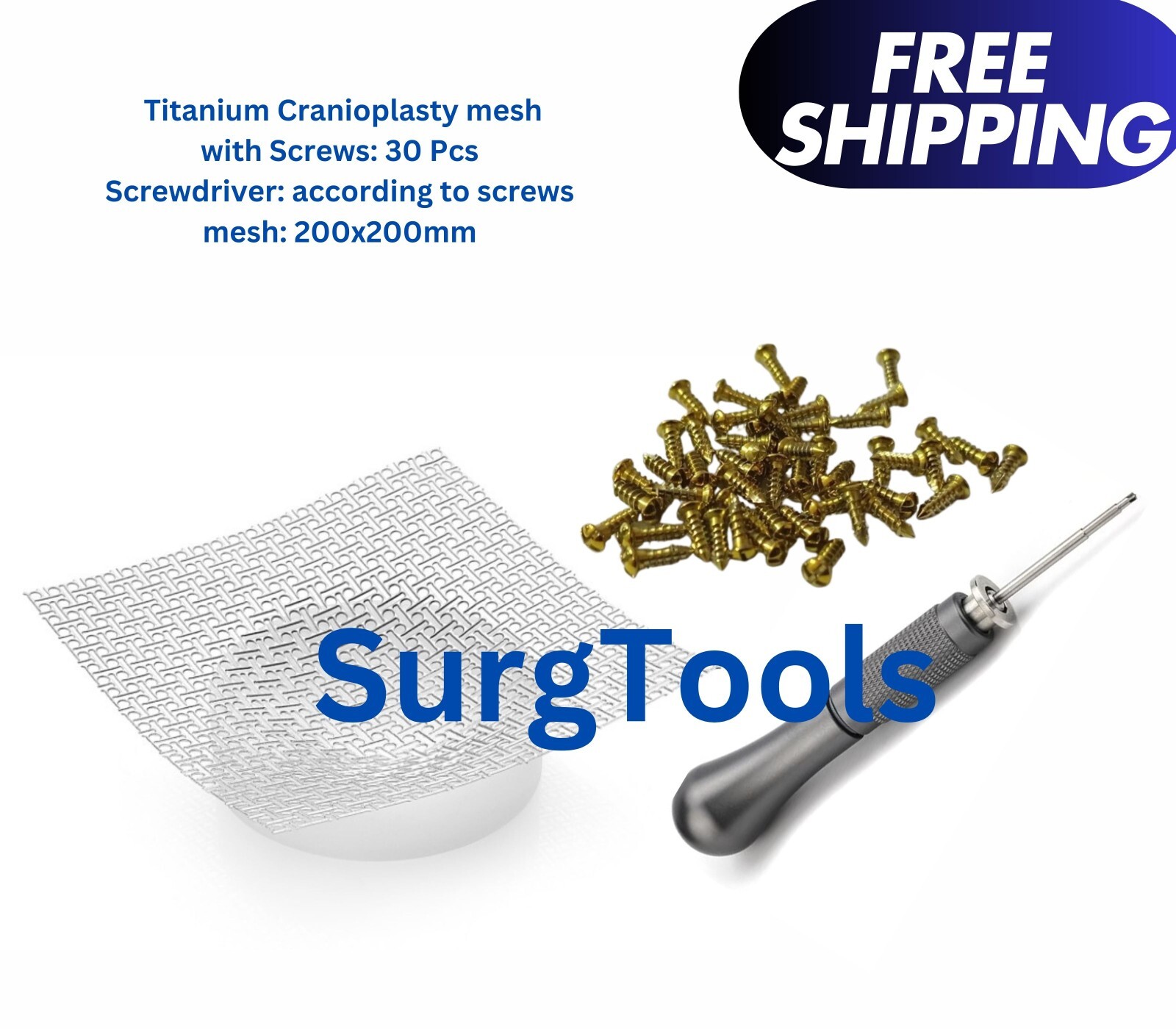 Titanium Cranioplasty Mesh 200x200mm Thickness 0.5mm with Screws 32 Pcs