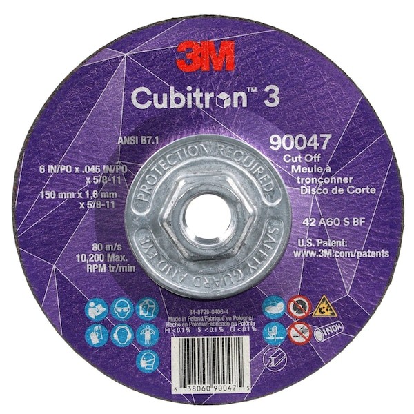 3M Cubitron 90030 Abrasive Cut-Off Wheel, Type 1, 3 In Dia, 0.035 In Thick, 1/4