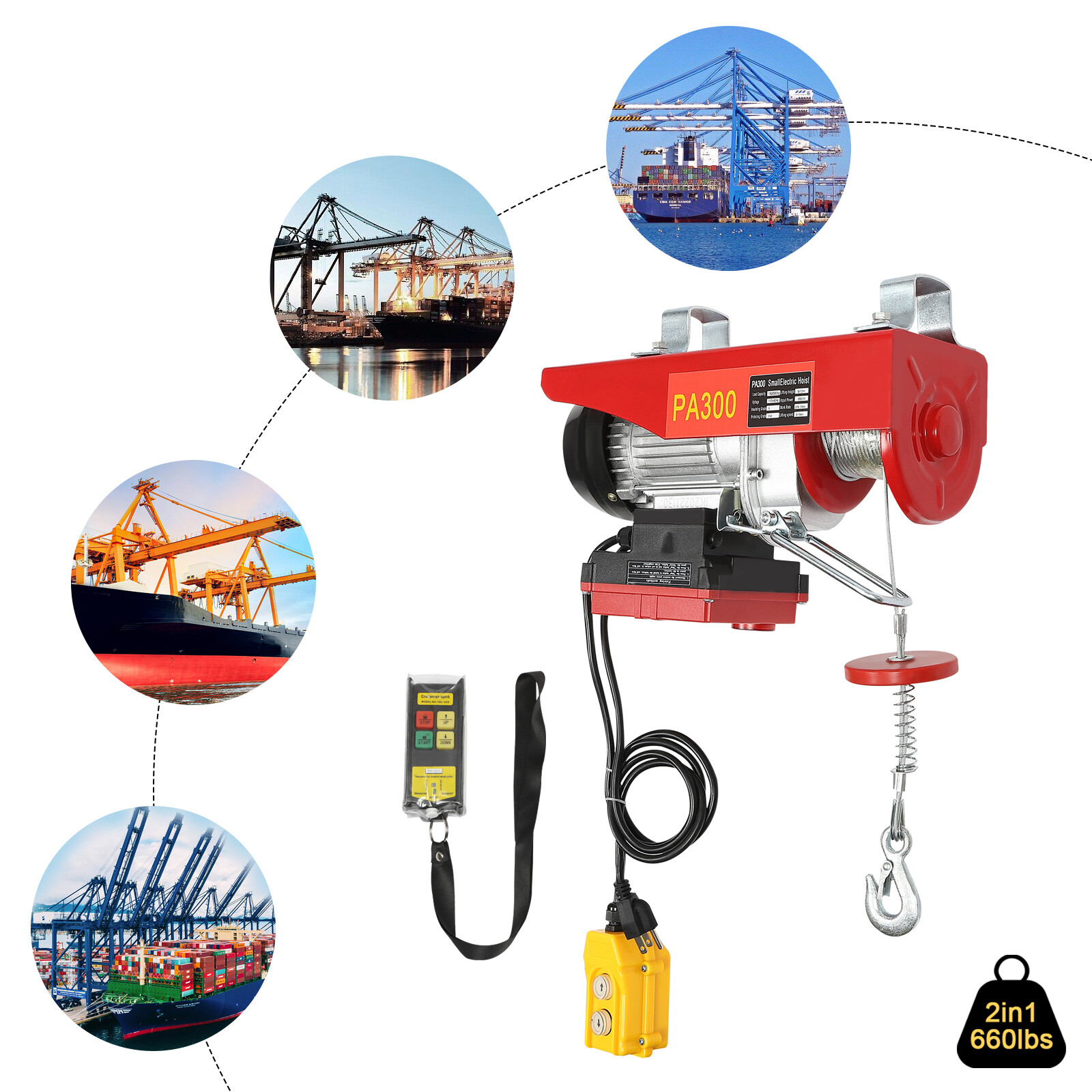 Electric Hoist 660LBS with Wireless Remote Control & Single/Double Slings Winch