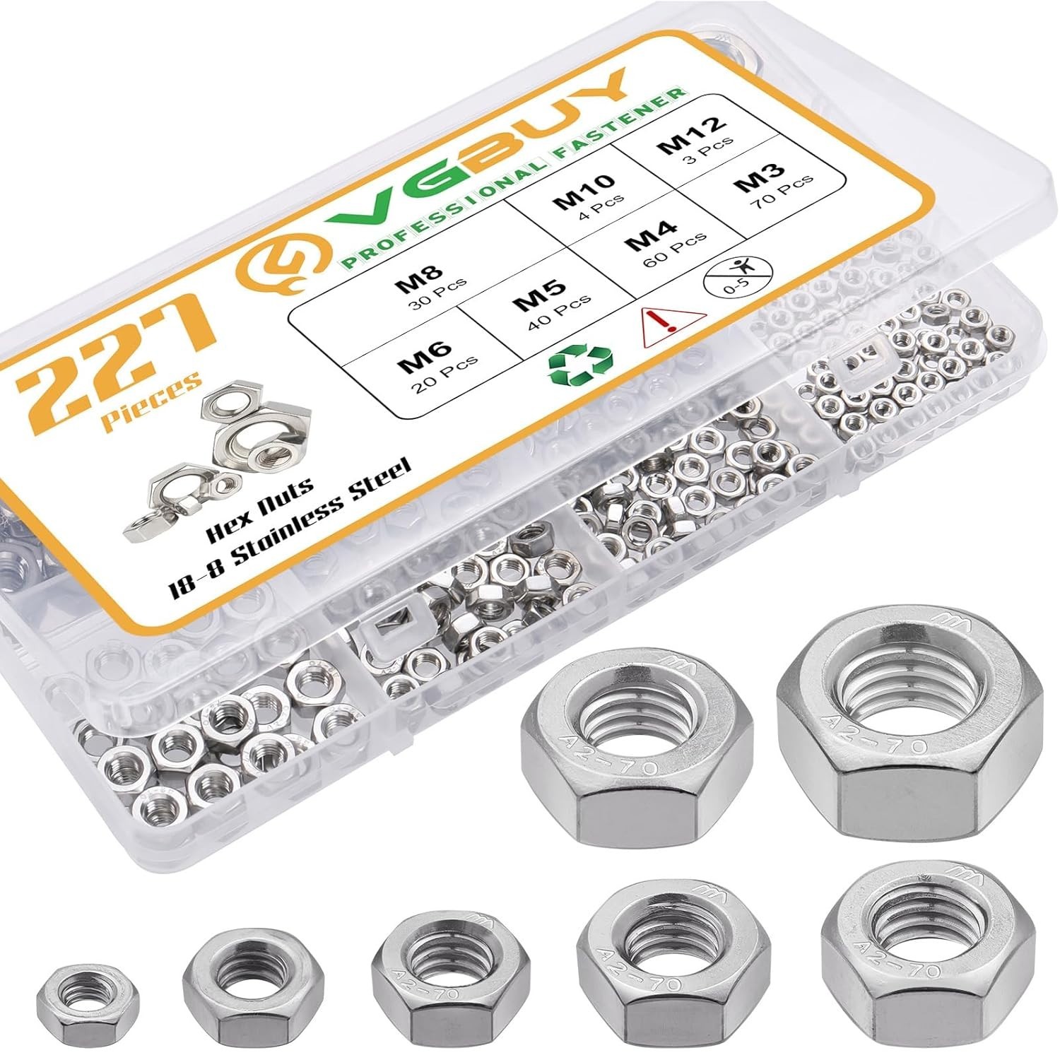 227pcs Metric Hex Nuts Assortment M3 M4 M5 M6 M8 M10 M12 Stainless Steel Kit Set