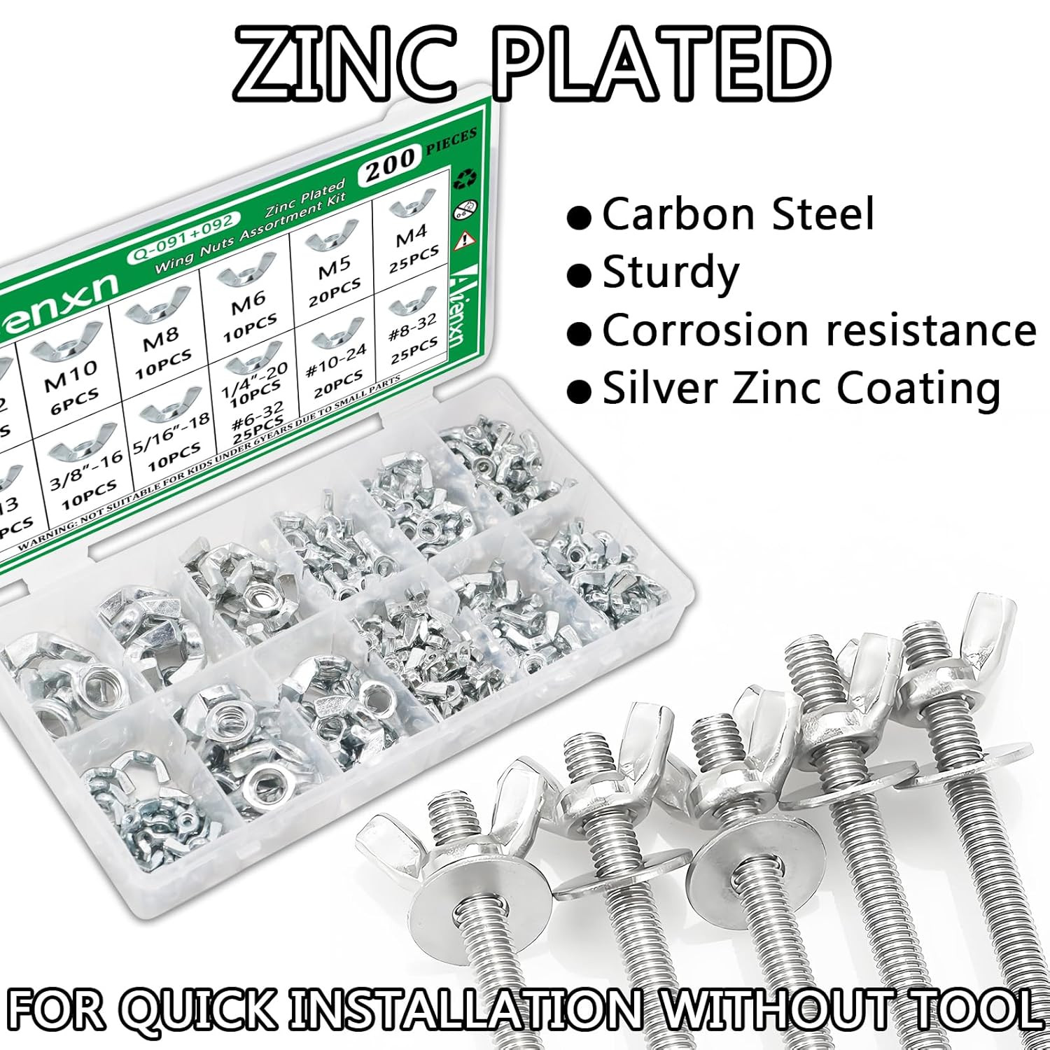 200PCS Wing Nuts Assortment Kit Metric & SAE M3-M12 #6-32 to 3/8-16 Zinc