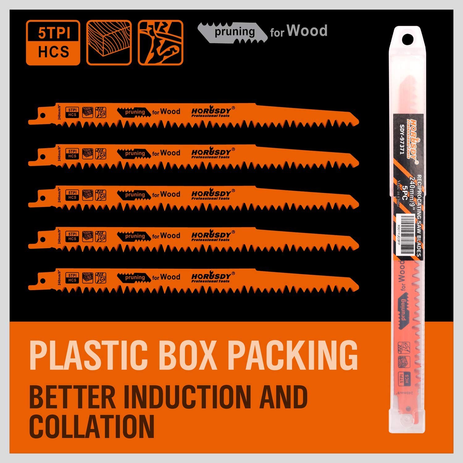 5-Pack 9-Inch Wood Pruning Reciprocating Saw Blades, 5TPI HCS Carbon Orange