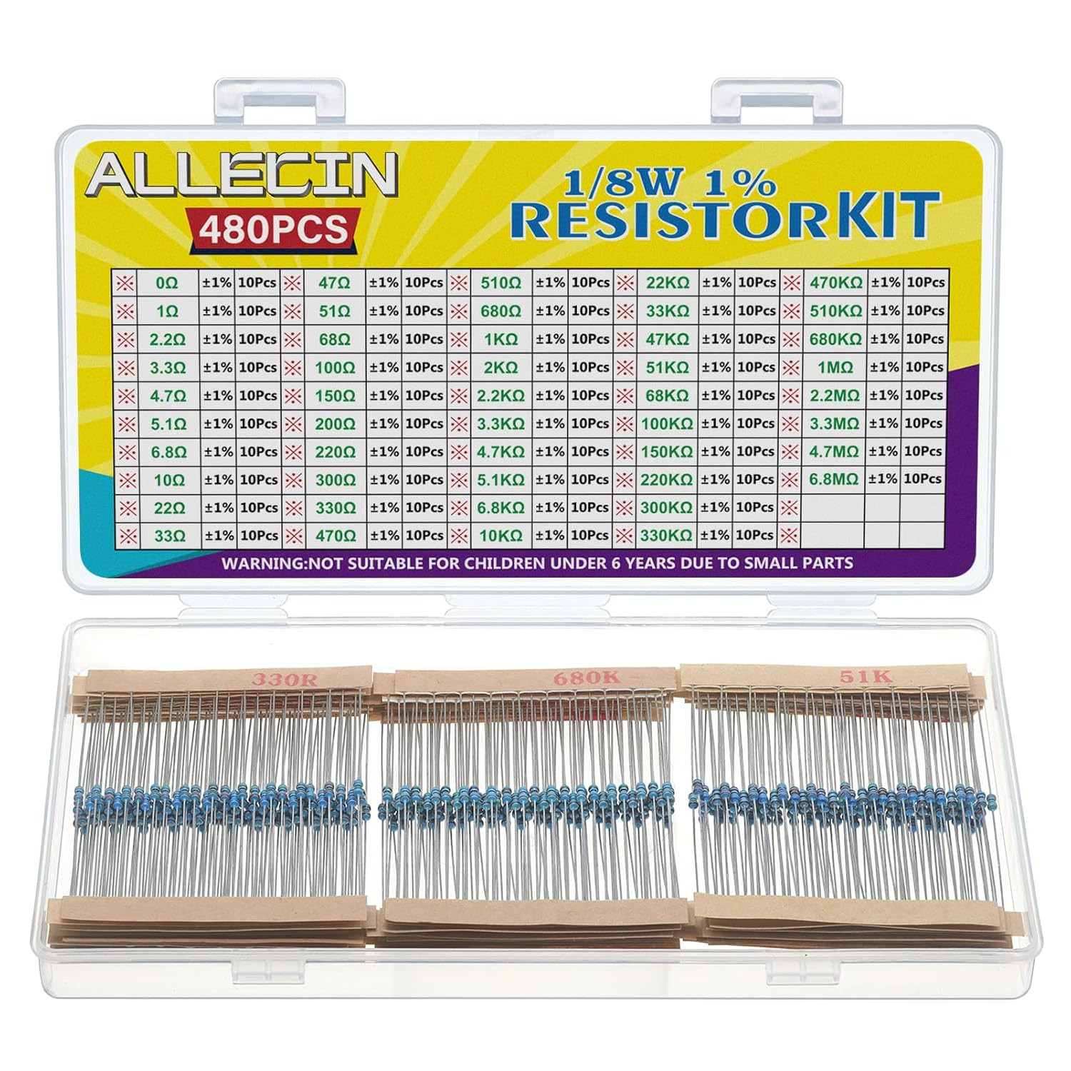 1/8W Metal Film Resistor Kit from 1 Ohm to 6.8M Ohm 48Values 1/8 Watt 1% Resisto
