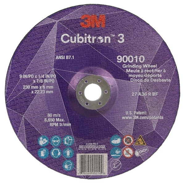 3M Cubitron 90009 Depressed Center Grinding Wheel, Type 27, 7 In Dia, 0.25 In