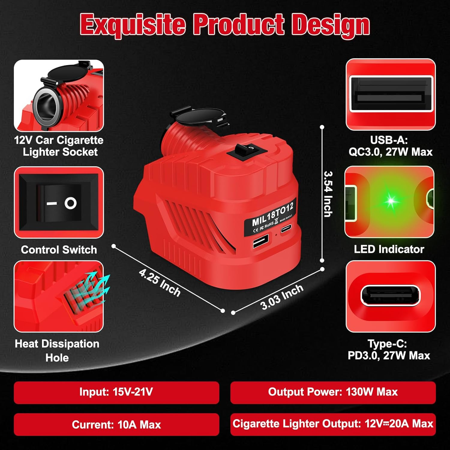 Step down Converter for Milwaukee for M18, 18V to 12V Power Supply Adapter, with