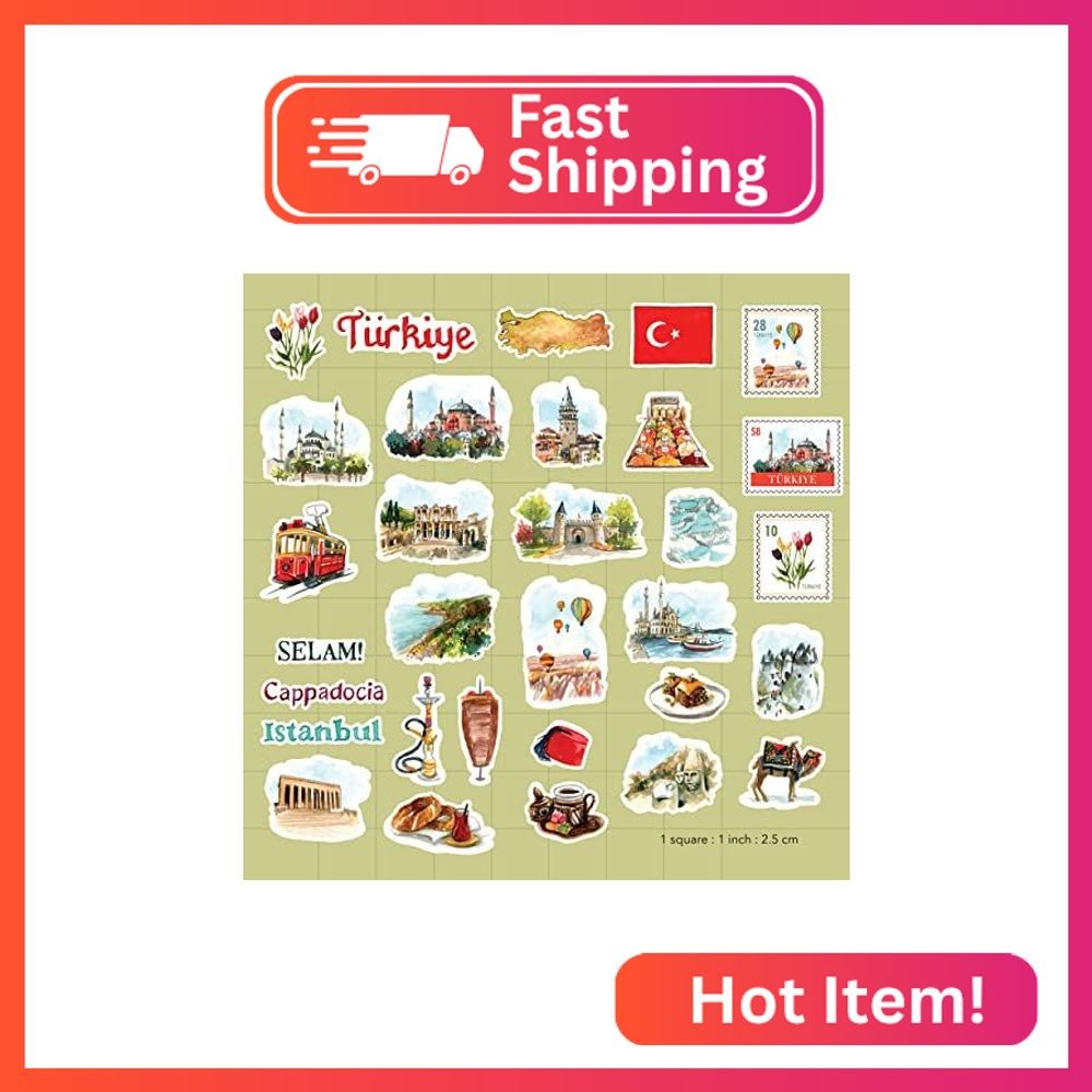 Navy Peony Tantalizing Türkiye Travel Stickers (31pcs) – Watercolor, Iconic Ista