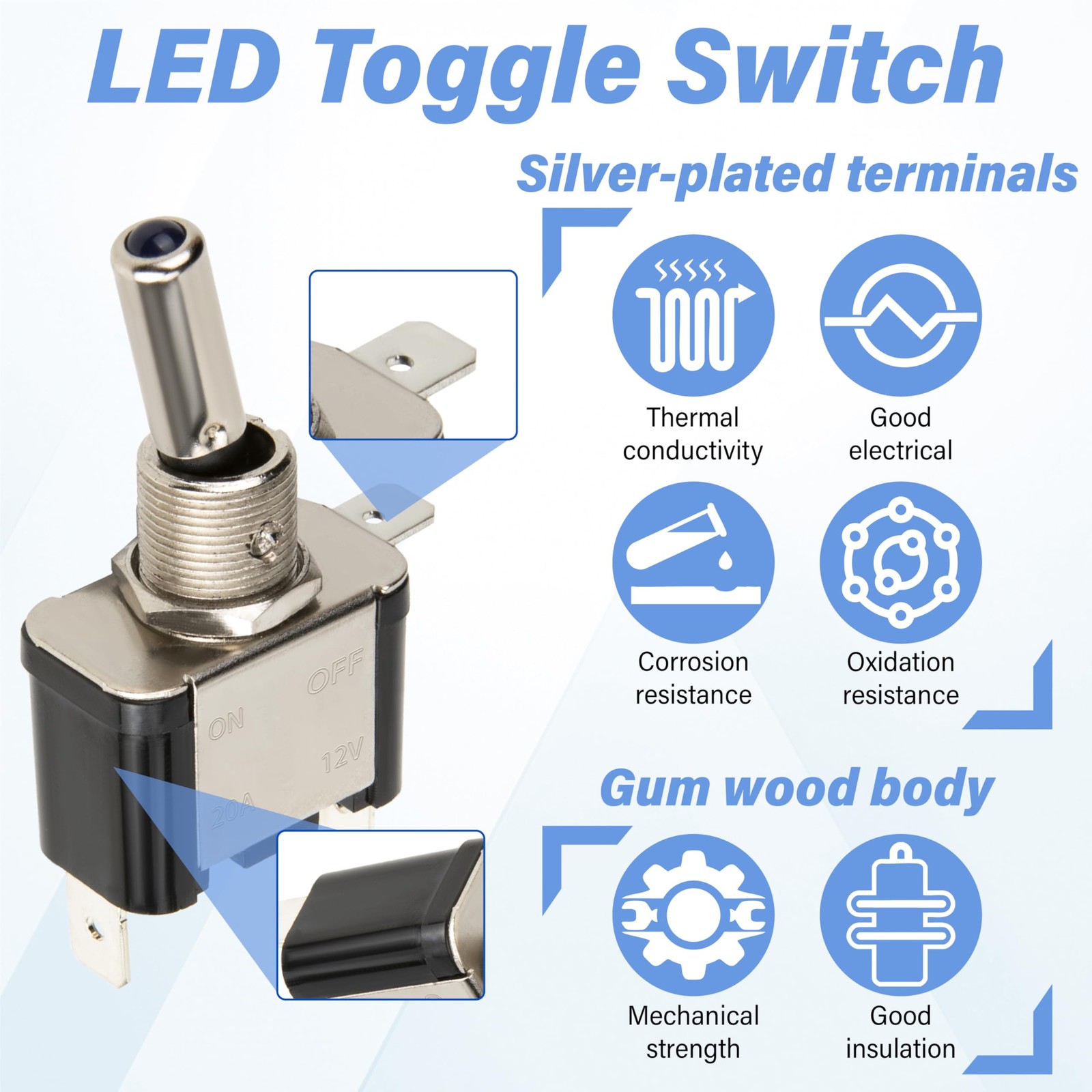 3 PCS LED Lighted Rocker Toggle Switch, 12V SPST 3 Pin 2 Position ON/Off Rock…