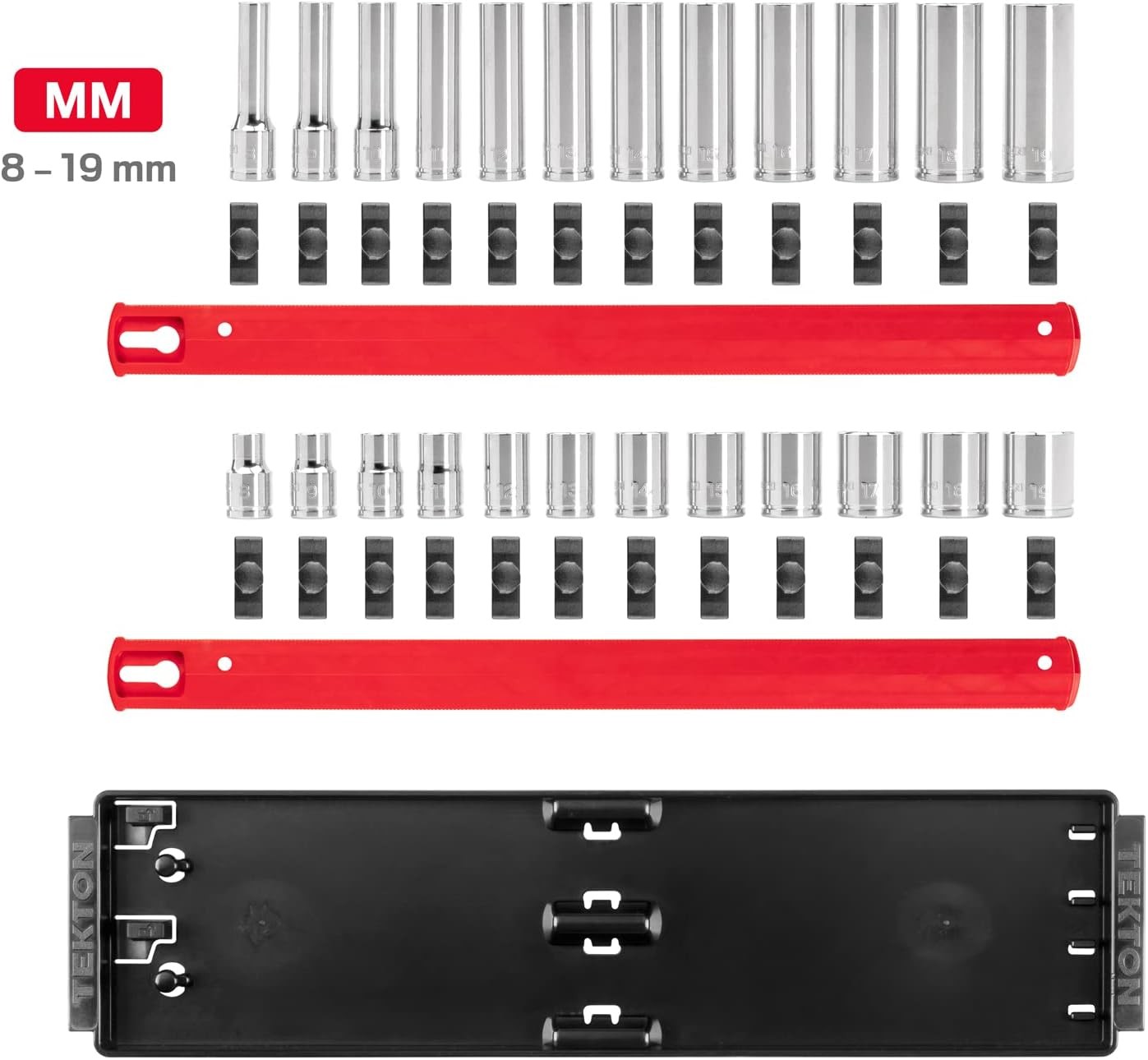 TEKTON 3/8 Inch Drive 6-Point Socket Set with Rails and 24-Piece (8-19 mm)