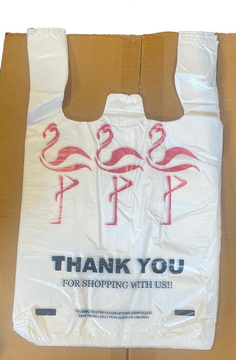 Clearance 2000 Medium White Flamingo Thank-You Plastic Shopping Bags 10x5x18