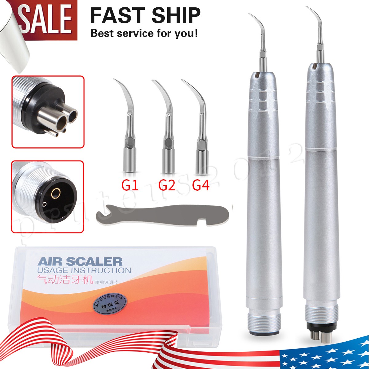 Dental Ultrasonic Air Perio Scaler Handpiece Hygienist 2/4 Holes with 3 Tips