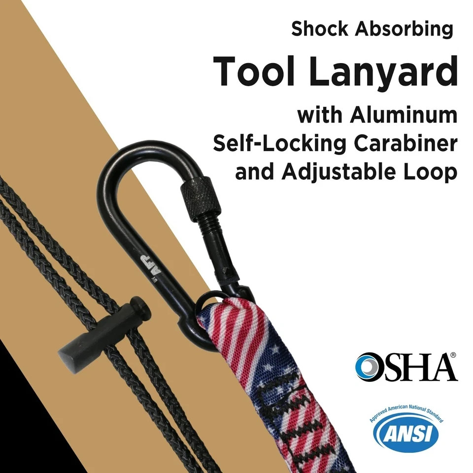 American Flag Tool Lanyard, Shock Absorbing w/Aluminum Locking Carabiner 15lb