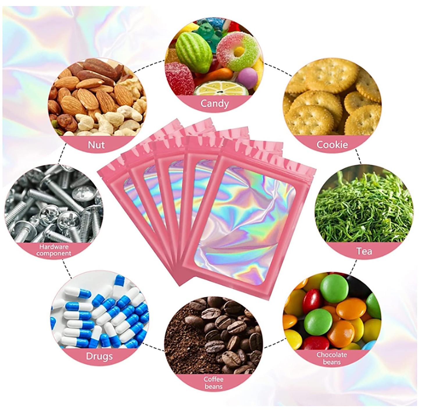 100/200Pcs Holographic Mylar Foil Bags Smell Proof Resealable Zip Seal Pouches