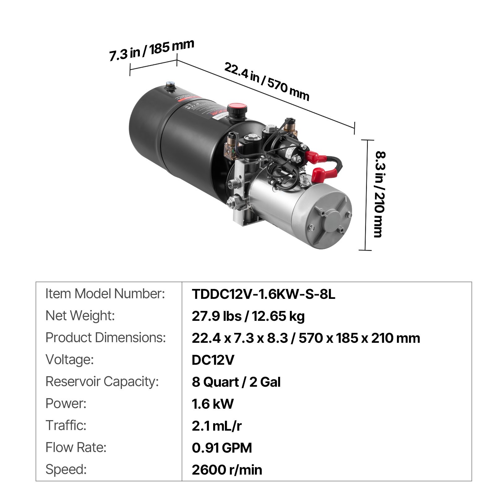 VEVOR 8 Quart Hydraulic Power Unit DC 12V Double Acting Hydraulic Pump