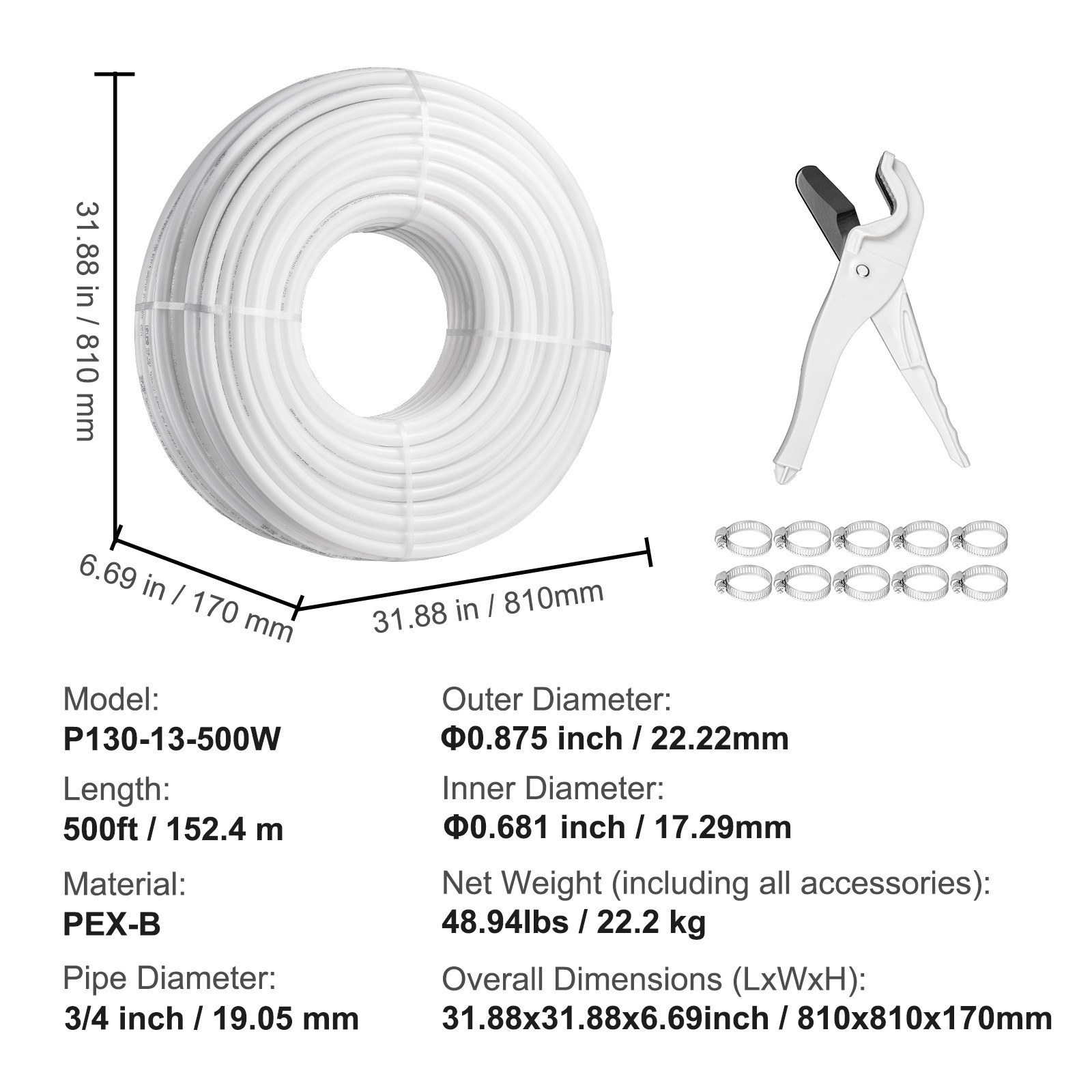 VEVOR 3/4” x 500ft White PEX-B Tubing/Pipe for Potable Water with Pipe Cutter