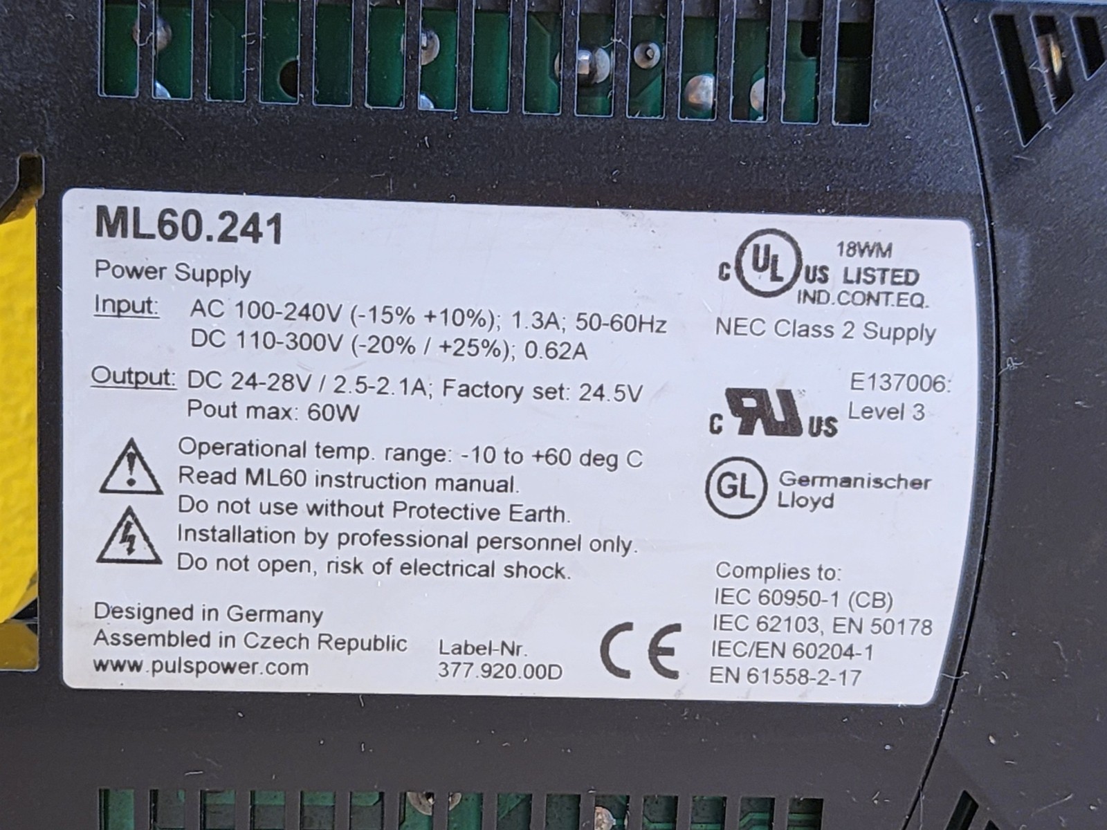 NEW Puls MiniLine ML60.241 DIN Rail Power Supply, 24V, 60W