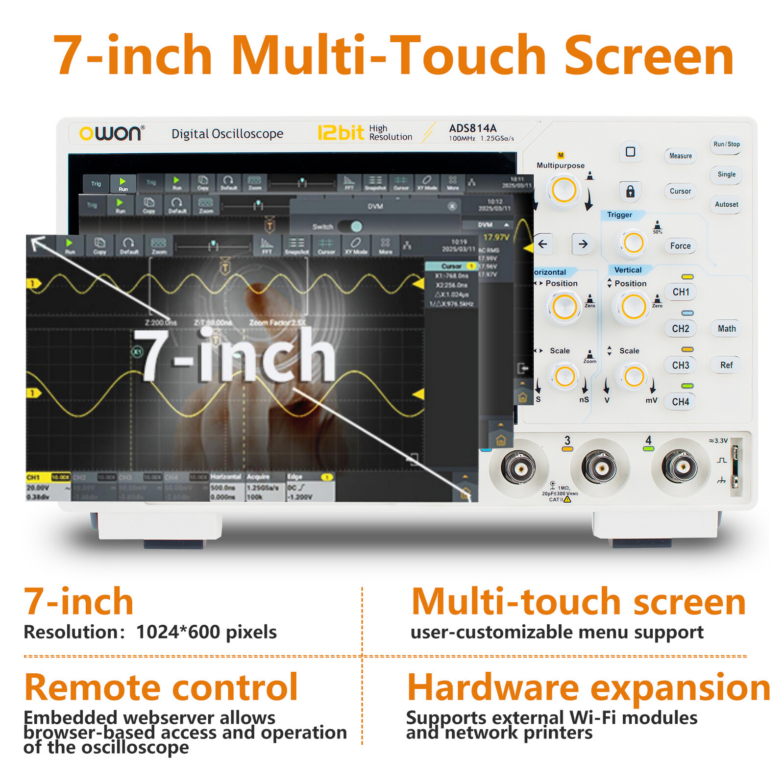 Owon ADS814A 12bits Digital Oscilloscope 100MHz 4CH 1.25GSa/s FFT analysis