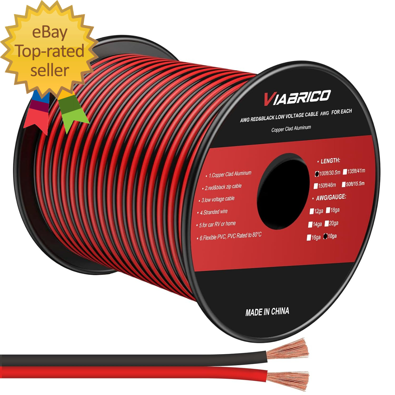 10 Gauge Wire 100FT, 2 Conductors Electrical Wire Red Black Cable, Flexible/Low