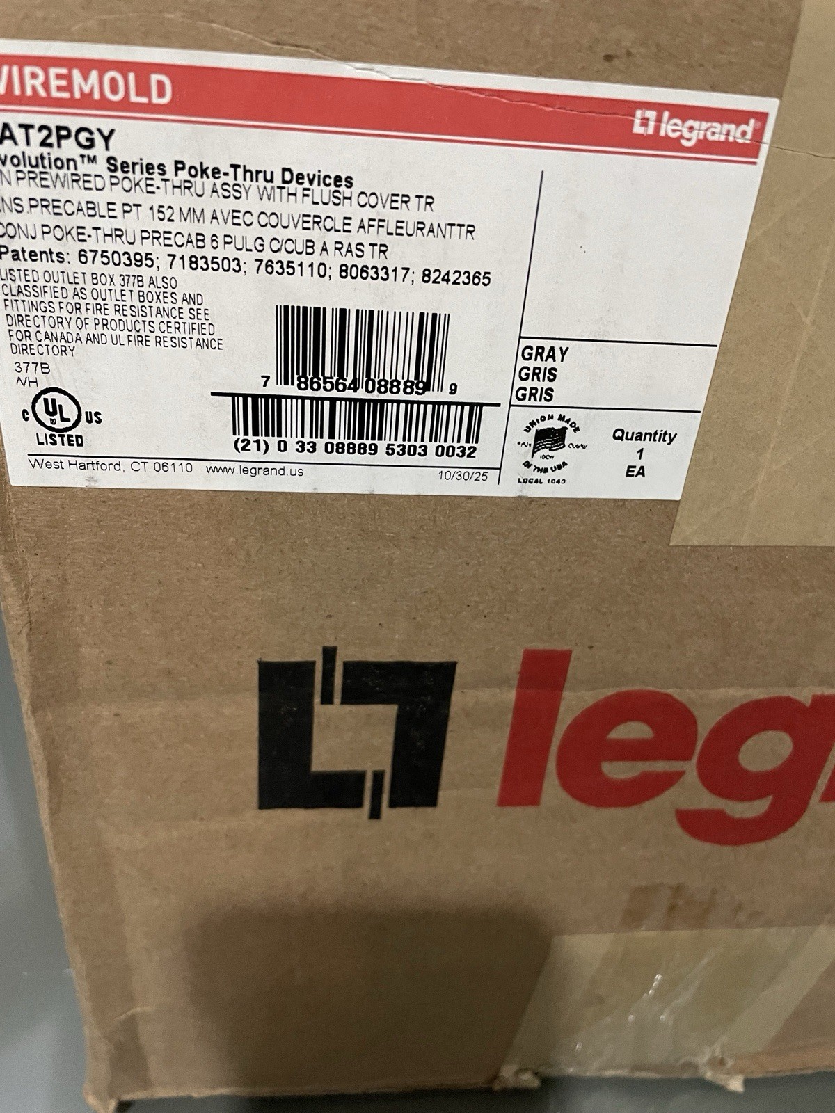 Legrand 6AT2PGY Poke Thru Device Flush Cover Gray, New!