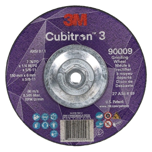 3M Cubitron 90009 Depressed Center Grinding Wheel, Type 27, 7 In Dia, 0.25 In
