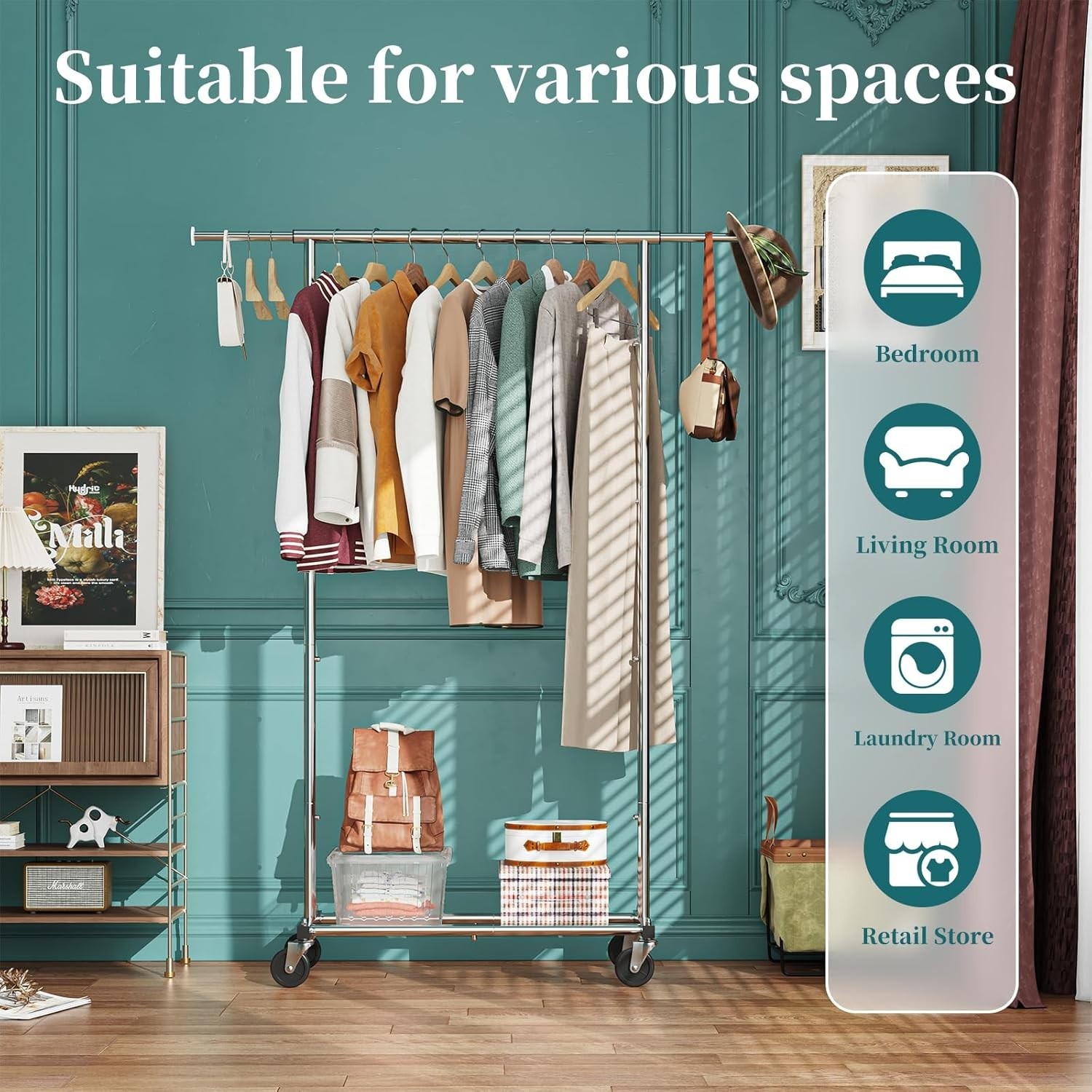 Lightweight Rolling Garment Organizer with Adjustable Rod – Ideal for Any Room